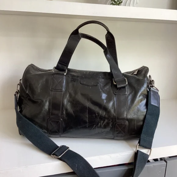 MEN’S FOSSIL BRAND BLACK LEATHER DUFFLE TRAVEL LARGE BAG - Picture 2 of 16